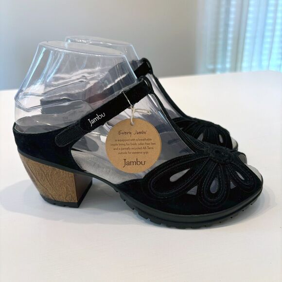 NEW Jambu Sahara Peep Toe Black Suede Leather Wooden Heels Sandals‎ US Size 6 M - Picture 2 of 11